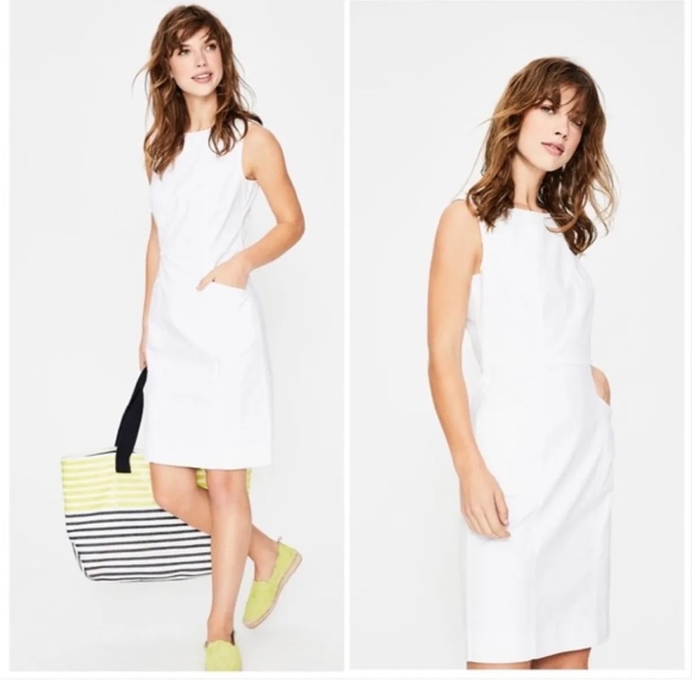 Boden Tamara Sleeveless Boat Neck White Cotton Chino Woven Dress Size 12 Long